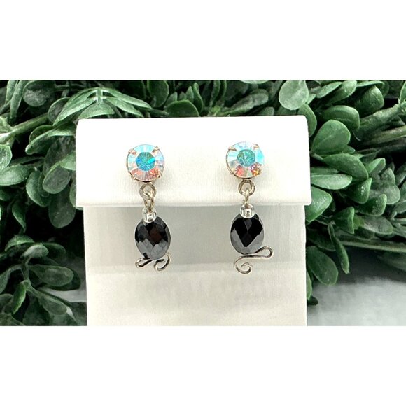Black Bead and Aurora Borealis Rhinestone Dangle Earrings - Picture 4 of 4